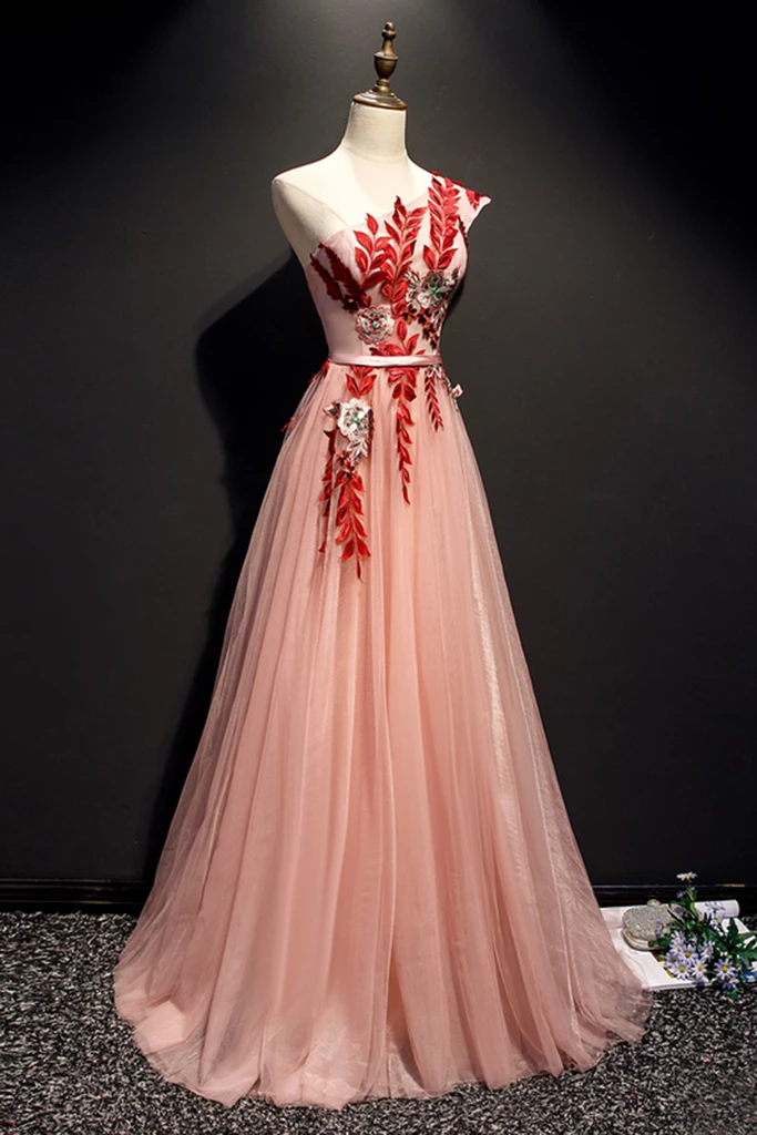 A Line Pink One Shoulder Tulle Red Applique Long Prom Dress Evening Dress DMR97