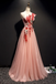 A Line Pink One Shoulder Tulle Red Applique Long Prom Dress Evening Dress DMR97