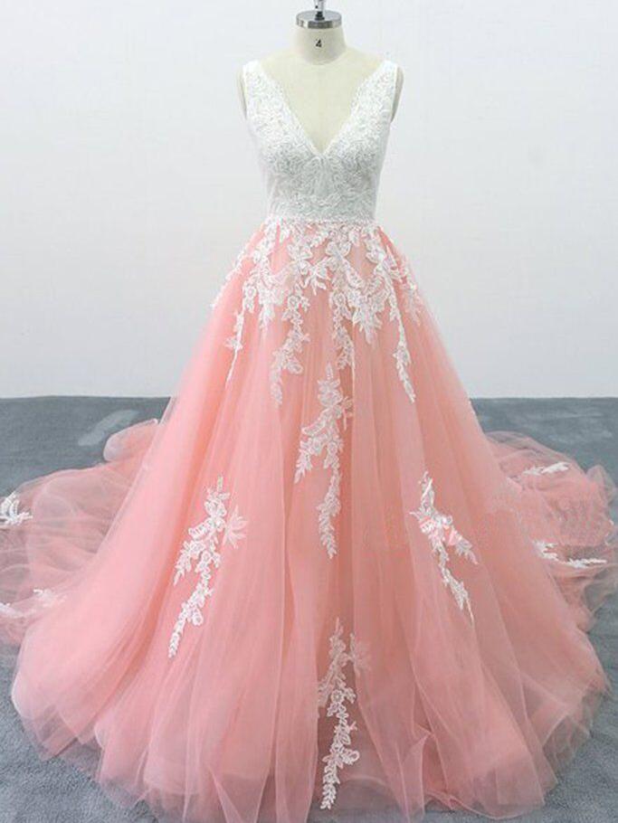 A-line V Neck Pink Tulle Lace Appliques Cathedral Train Formal Prom Dress DMS2