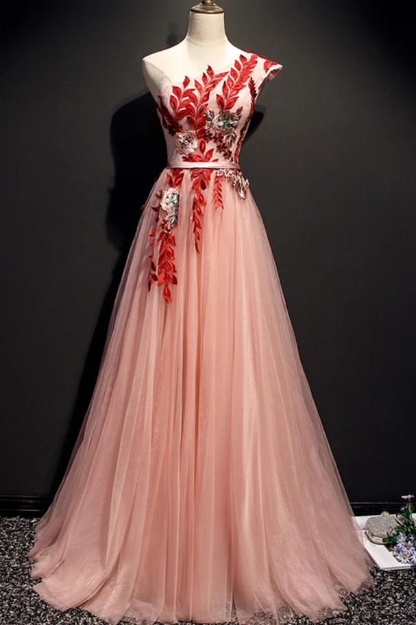 A Line Pink One Shoulder Tulle Red Applique Long Prom Dress Evening Dress DMR97