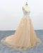 A Line Tulle Lace Appliques Sweep Train Evening Dress Senior Prom Dress DMS1