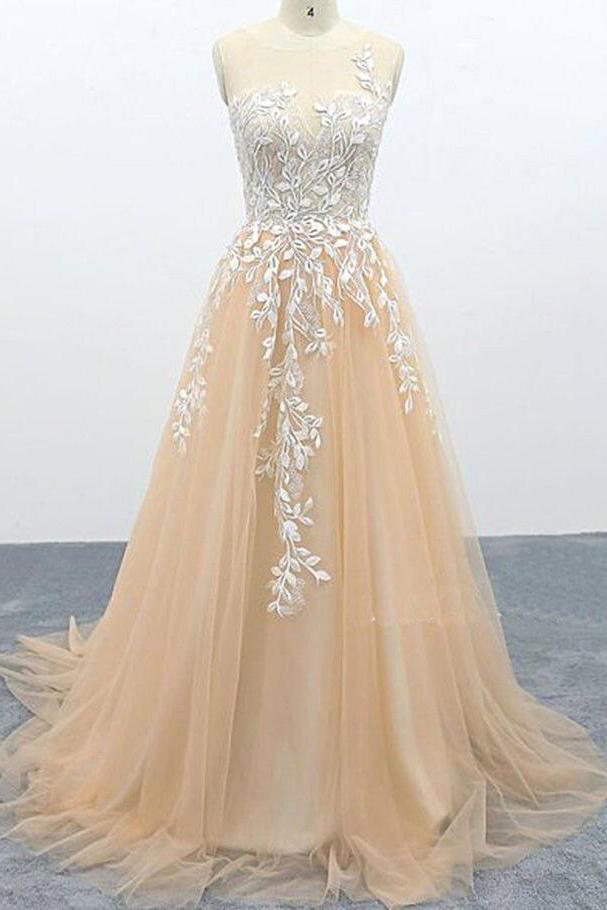 A Line Tulle Lace Appliques Sweep Train Evening Dress Senior Prom Dress DMS1