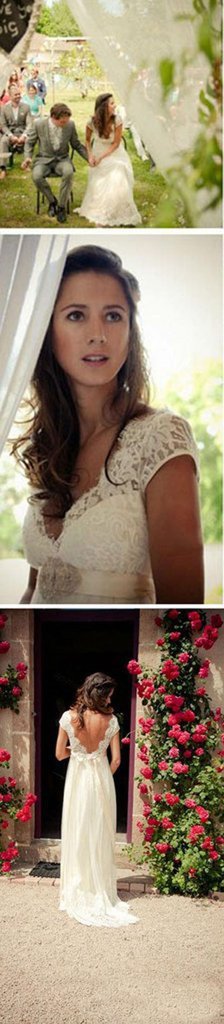 Elegant Cap Sleeve A Line V Back Cheap Long Lace Backless Wedding Dresses DM389