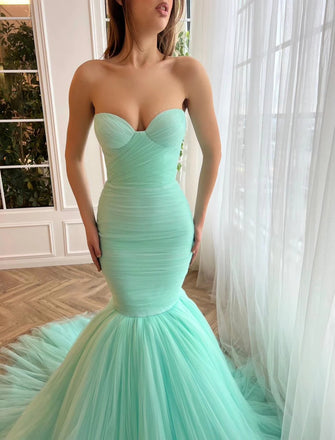 Sweetheart Mint Green Mermaid Tulle Prom Dress, Strapless Formal Evening Gown DMP267