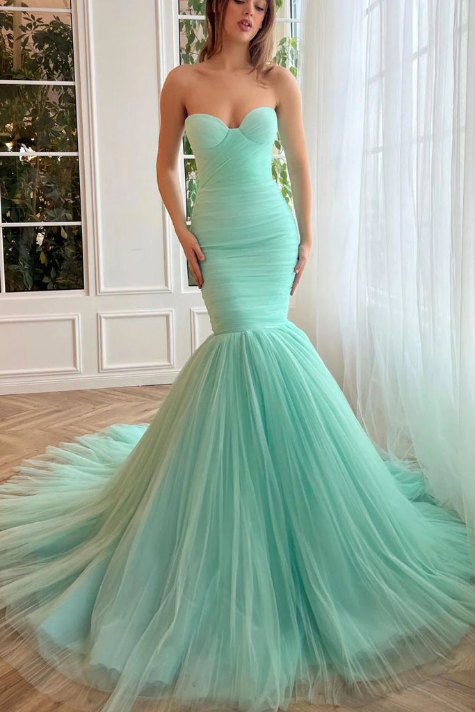 Sweetheart Mint Green Mermaid Tulle Prom Dress, Strapless Formal Evening Gown DMP267