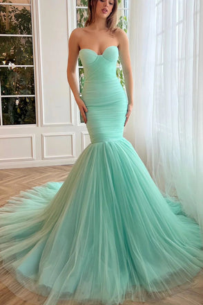 Sweetheart Mint Green Mermaid Tulle Prom Dress, Strapless Formal Evening Gown DMP267