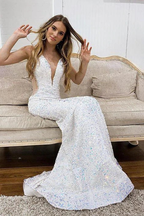 White Deep V Neck Mermaid Prom Gown, Elegant Sequined Long Party Dresses DMP157