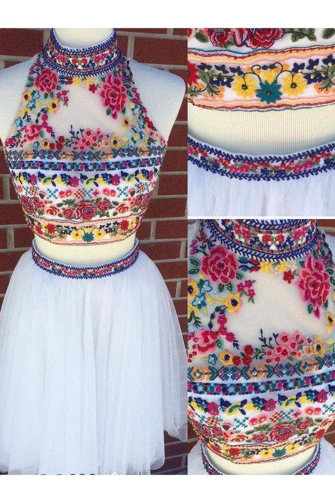 Off White Two Piece Embroidery High Neck Tulle Homecoming Dress DMM27