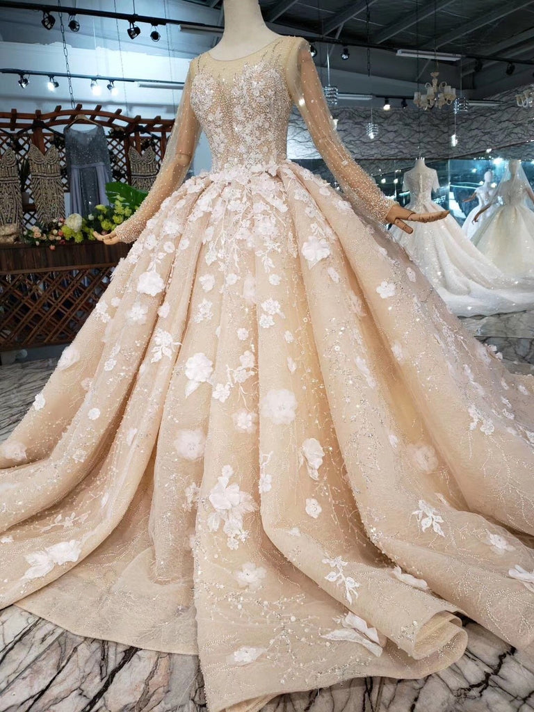 Princess Long Sleeves Ball Gown Wedding Dresses, Floral Appliques Wedding Gown DMJ95