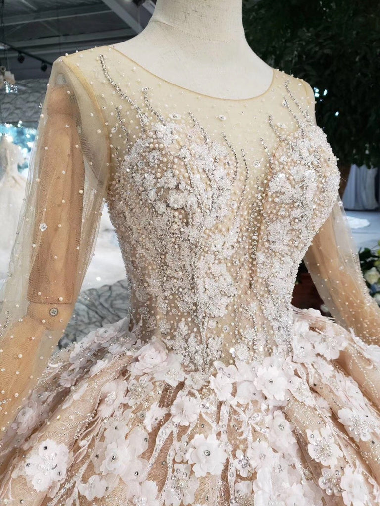 Princess Long Sleeves Ball Gown Wedding Dresses, Floral Appliques Wedding Gown DMJ95