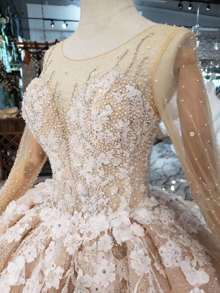 Princess Long Sleeves Ball Gown Wedding Dresses, Floral Appliques Wedding Gown DMJ95