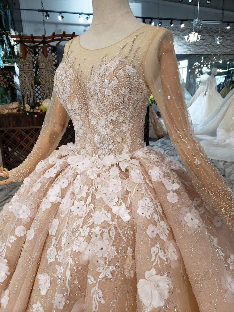 Princess Long Sleeves Ball Gown Wedding Dresses, Floral Appliques Wedding Gown DMJ95