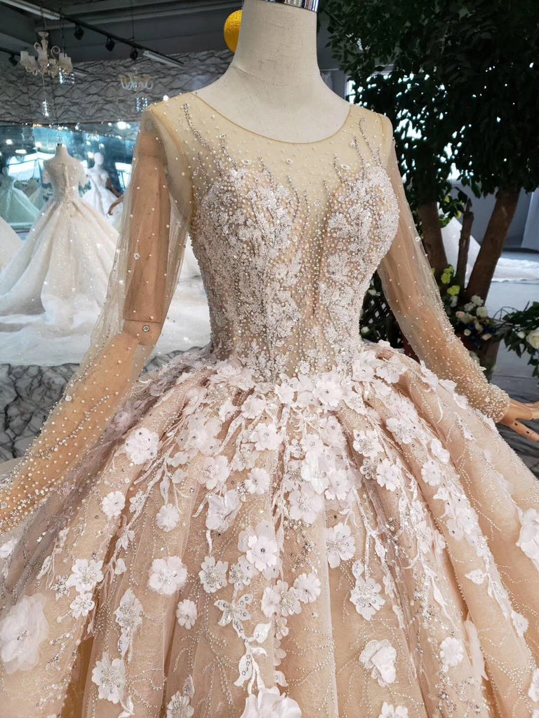 Princess Long Sleeves Ball Gown Wedding Dresses, Floral Appliques Wedding Gown DMJ95