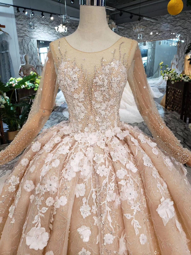 Princess Long Sleeves Ball Gown Wedding Dresses, Floral Appliques Wedding Gown DMJ95