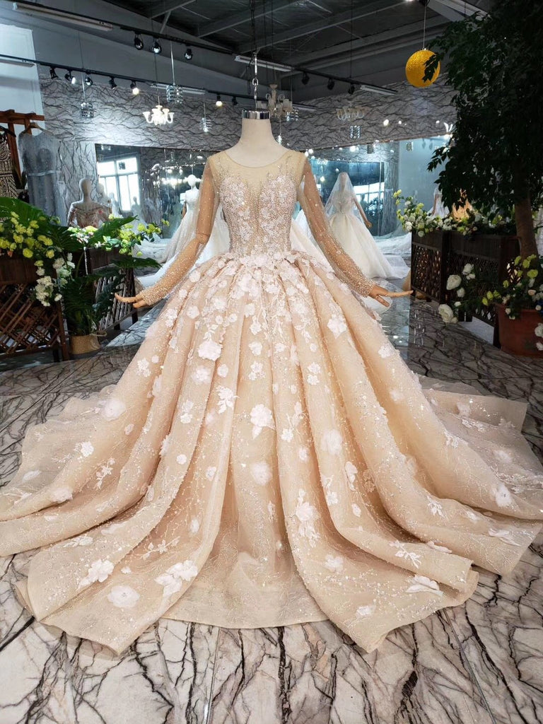 Princess Long Sleeves Ball Gown Wedding Dresses, Floral Appliques Wedding Gown DMJ95