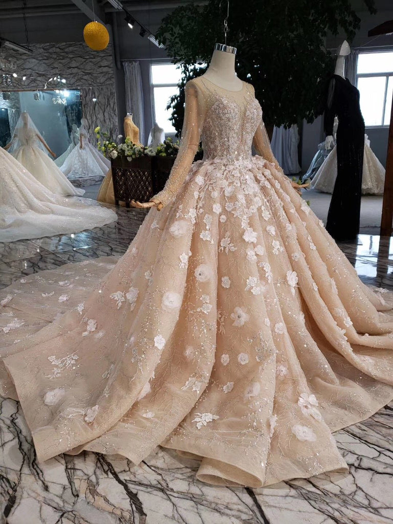 Princess Long Sleeves Ball Gown Wedding Dresses, Floral Appliques Wedding Gown DMJ95