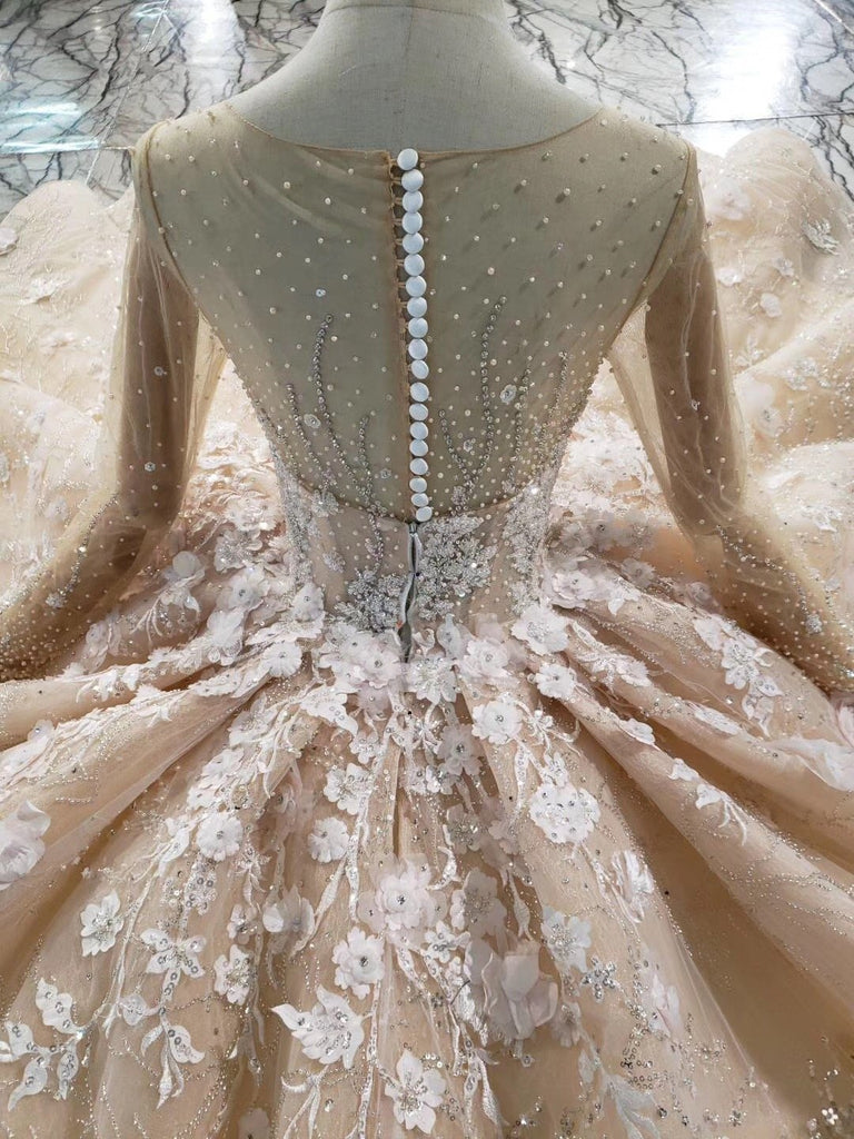 Princess Long Sleeves Ball Gown Wedding Dresses, Floral Appliques Wedding Gown DMJ95