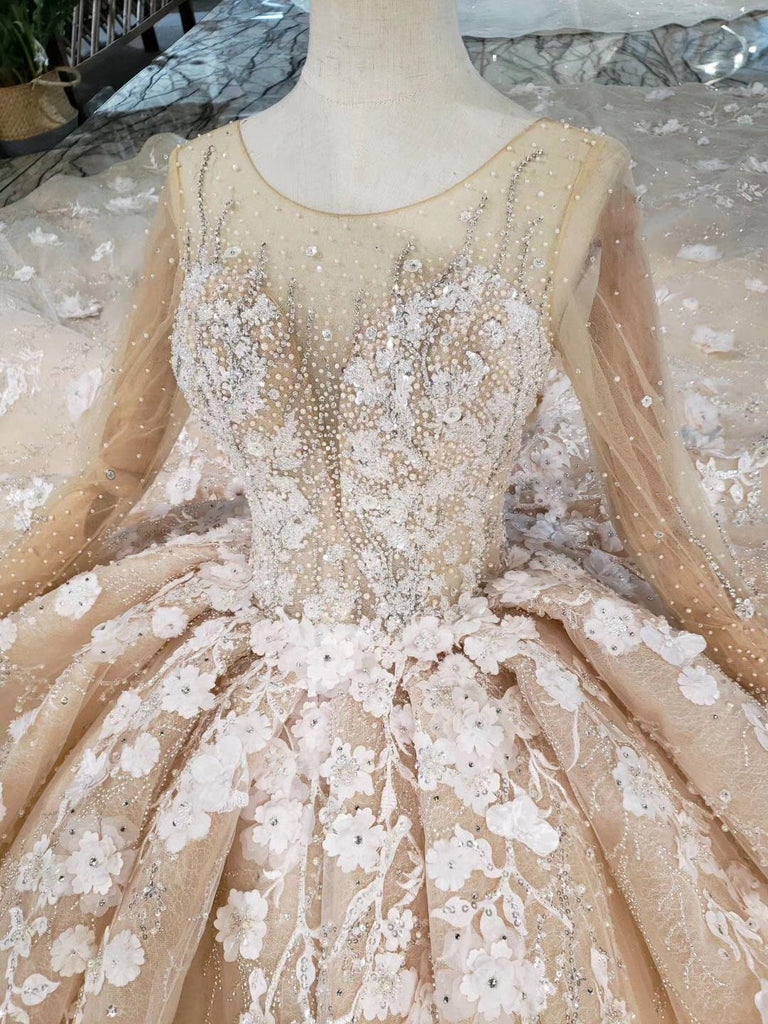 Princess Long Sleeves Ball Gown Wedding Dresses, Floral Appliques Wedding Gown DMJ95