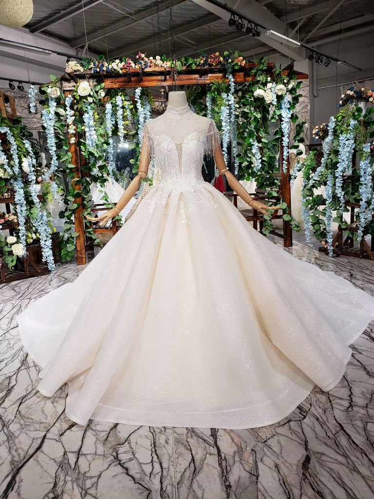 Off White High Neck Ball Gown Wedding Dresses, Open Back Beaded Wedding Gown DMJ96