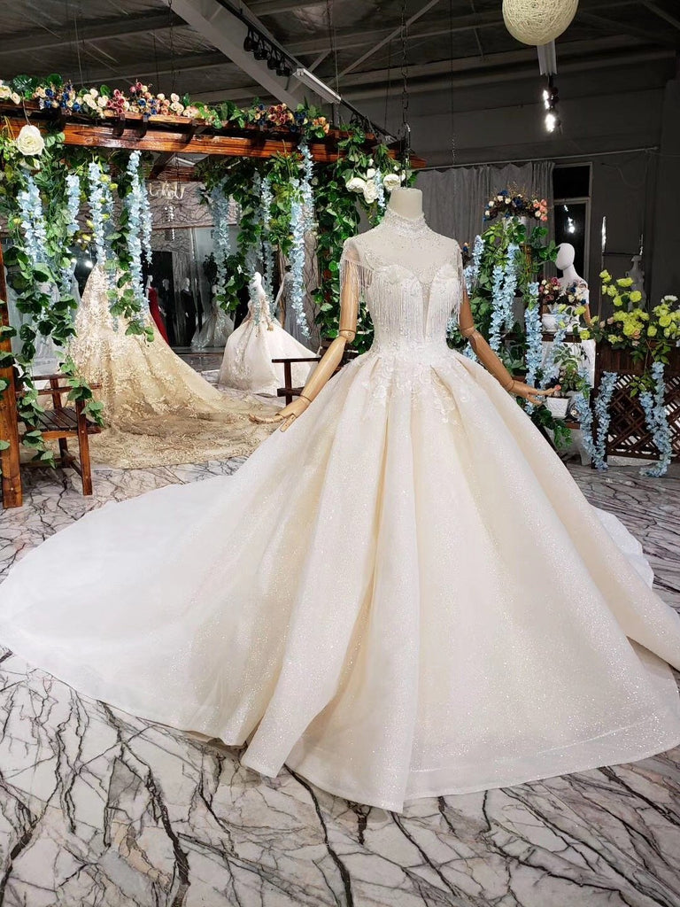 Off White High Neck Ball Gown Wedding Dresses, Open Back Beaded Wedding Gown DMJ96