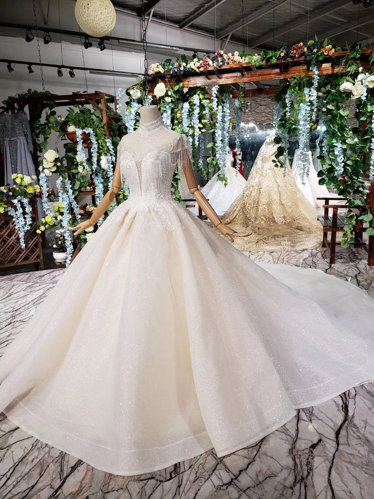 Off White High Neck Ball Gown Wedding Dresses, Open Back Beaded Wedding Gown DMJ96