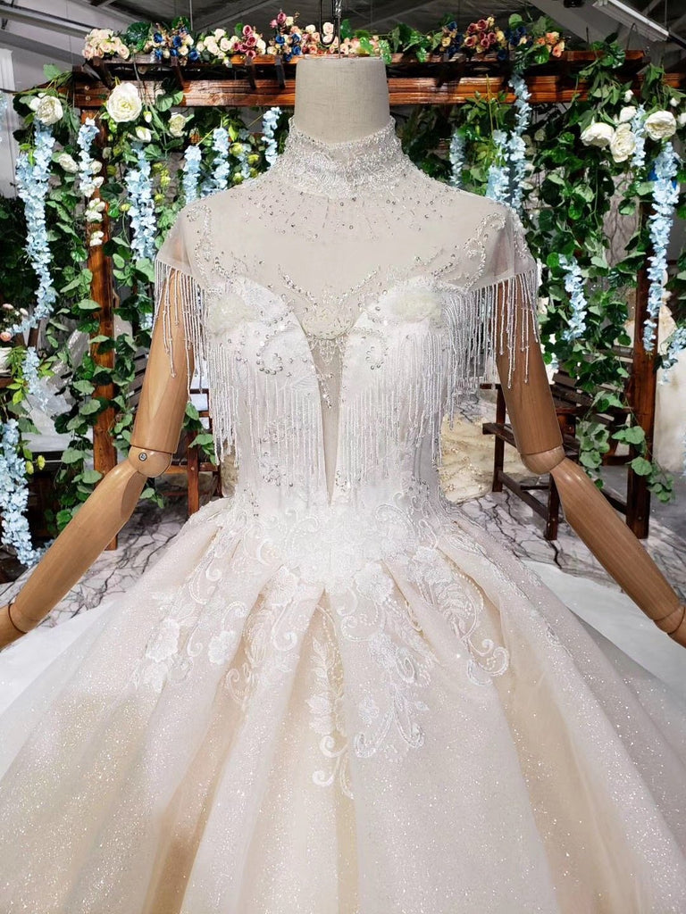 Off White High Neck Ball Gown Wedding Dresses, Open Back Beaded Wedding Gown DMJ96