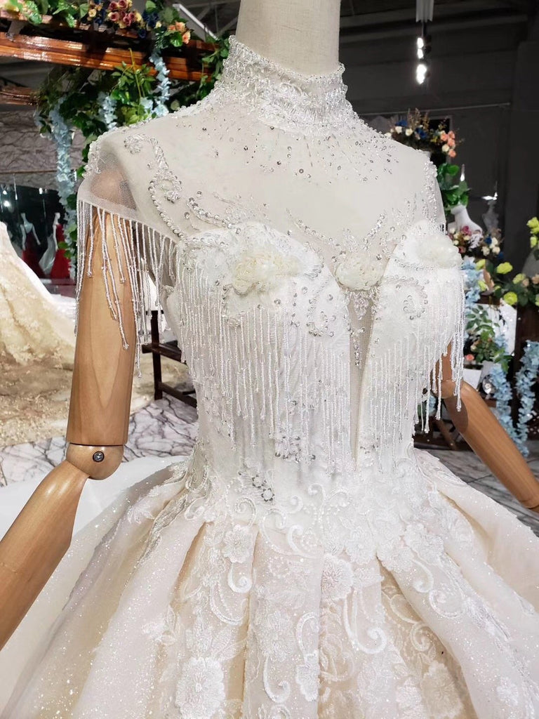 Off White High Neck Ball Gown Wedding Dresses, Open Back Beaded Wedding Gown DMJ96
