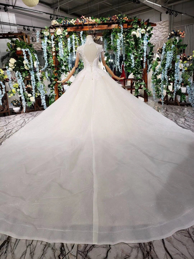 Off White High Neck Ball Gown Wedding Dresses, Open Back Beaded Wedding Gown DMJ96