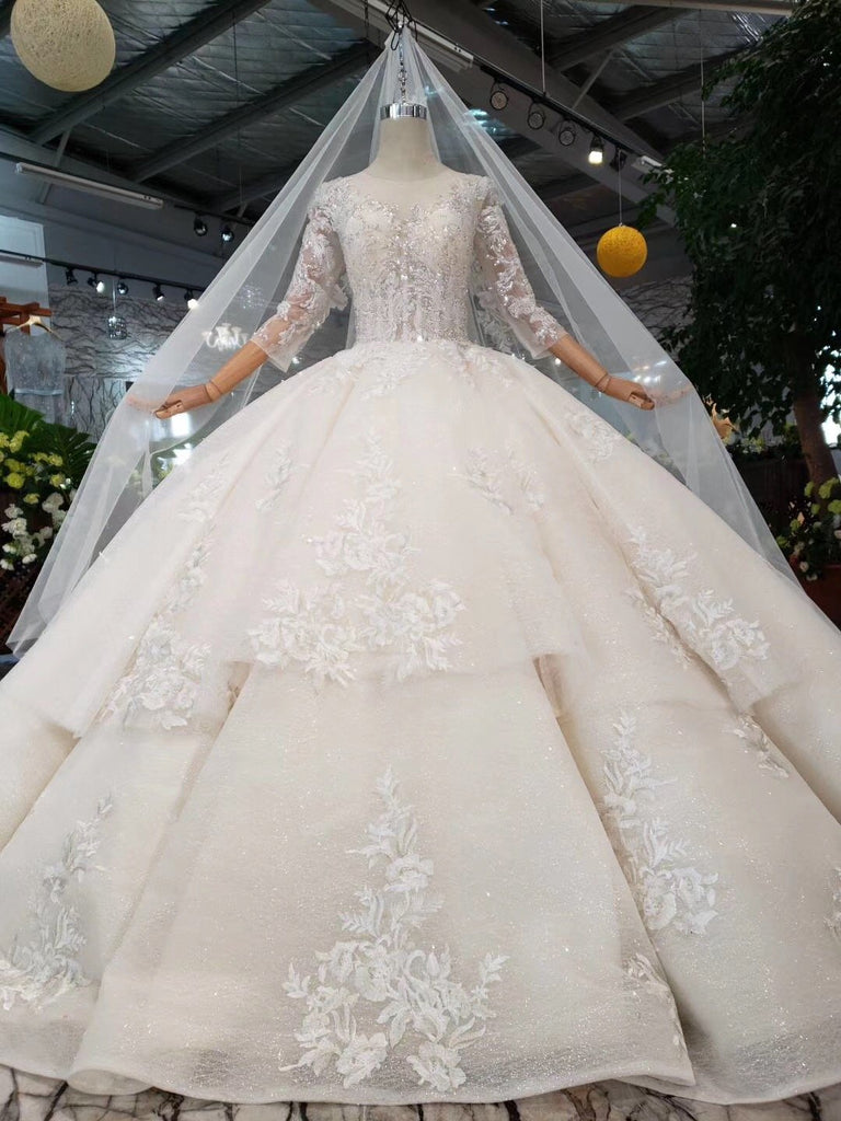 Elegant Scoop Ball Gown Wedding Dresses, 3/4 Sleeves Wedding Gown DMJ97
