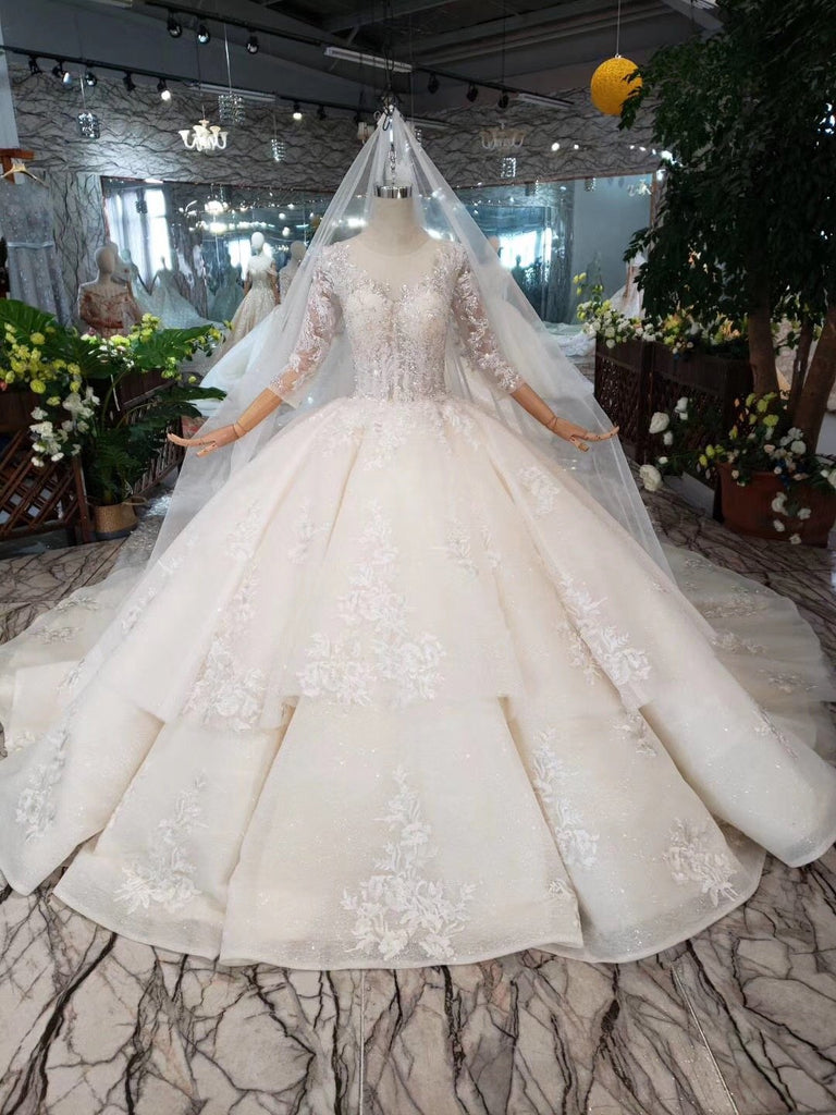 Elegant Scoop Ball Gown Wedding Dresses, 3/4 Sleeves Wedding Gown DMJ97