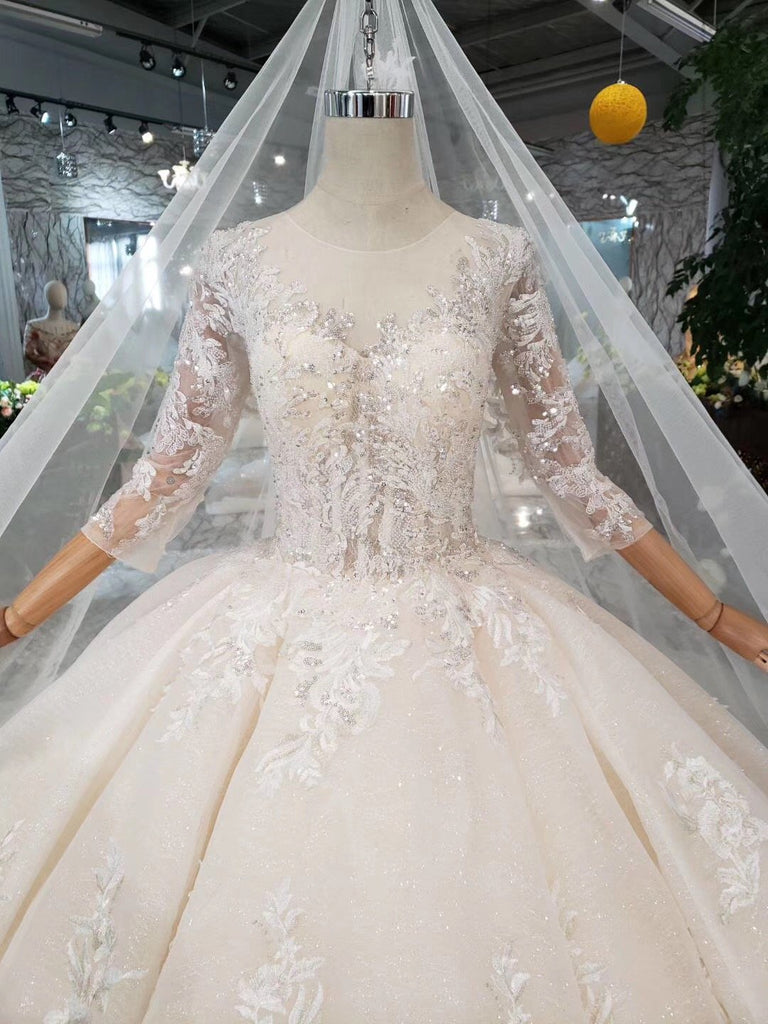 Elegant Scoop Ball Gown Wedding Dresses, 3/4 Sleeves Wedding Gown DMJ97