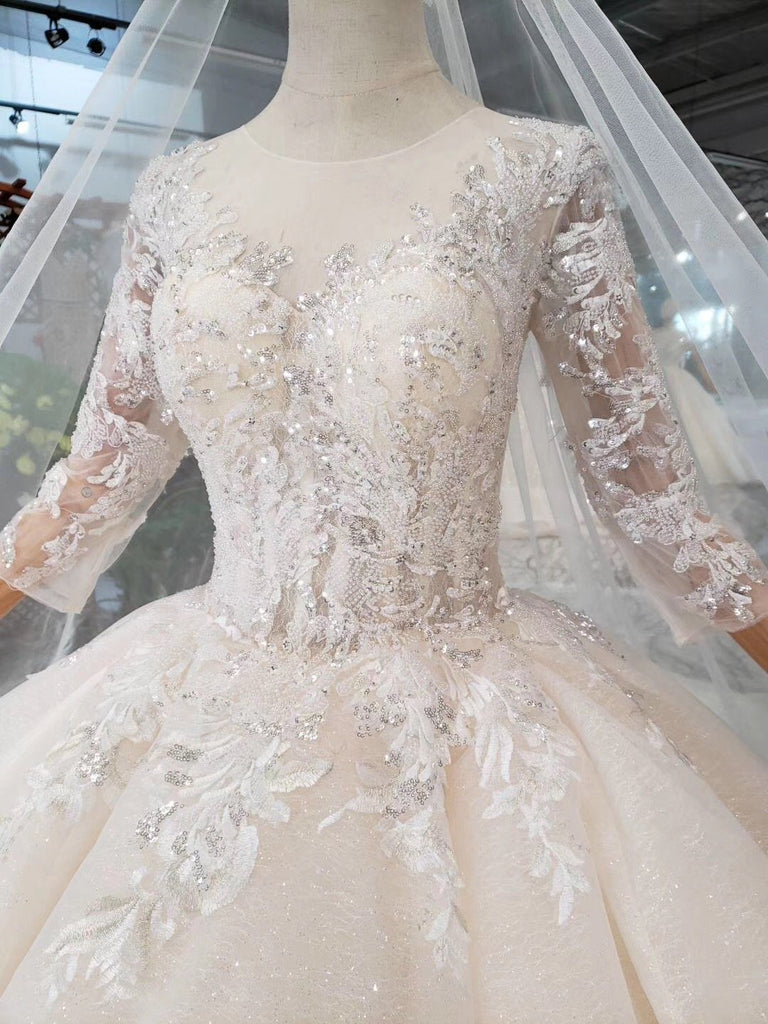 Elegant Scoop Ball Gown Wedding Dresses, 3/4 Sleeves Wedding Gown DMJ97