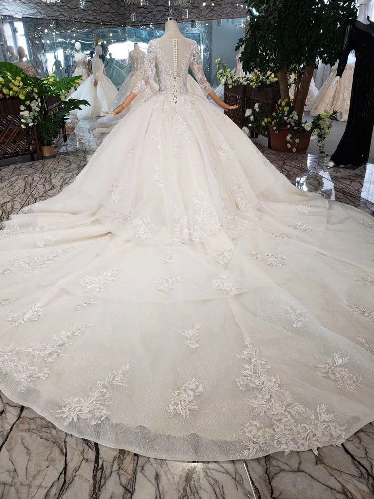Elegant Scoop Ball Gown Wedding Dresses, 3/4 Sleeves Wedding Gown DMJ97