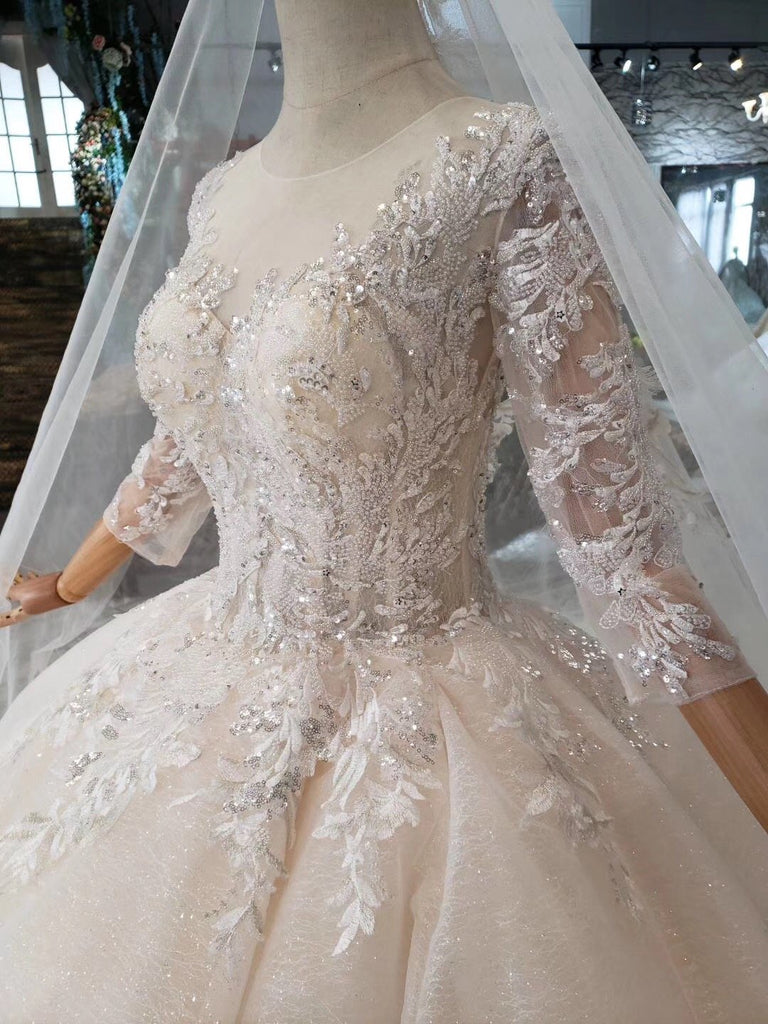 Elegant Scoop Ball Gown Wedding Dresses, 3/4 Sleeves Wedding Gown DMJ97