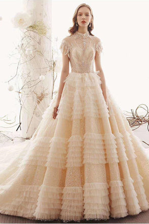 Princess High Neck Ball Gown Wedding Dresses, Short Sleeves Bridal Dress DMK1
