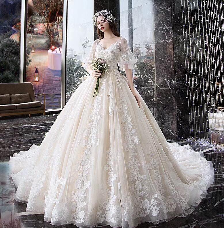 Charming Half Sleeves Ball Gown Wedding Dresses, Appliques V Neck Bridal Dress DMK2
