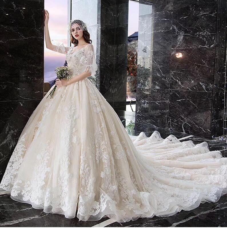 Charming Half Sleeves Ball Gown Wedding Dresses, Appliques V Neck Bridal Dress DMK2