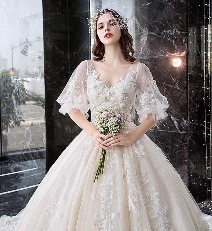 Charming Half Sleeves Ball Gown Wedding Dresses, Appliques V Neck Bridal Dress DMK2