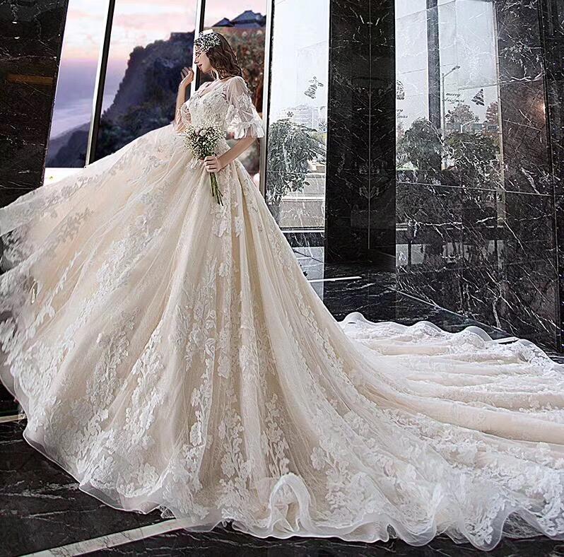 Charming Half Sleeves Ball Gown Wedding Dresses, Appliques V Neck Bridal Dress DMK2