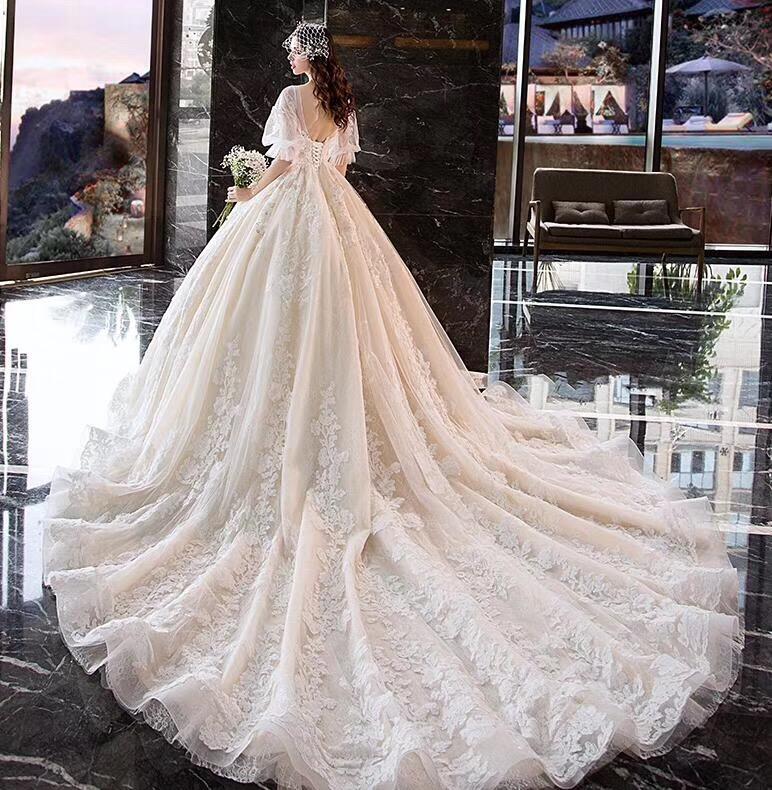 Charming Half Sleeves Ball Gown Wedding Dresses, Appliques V Neck Bridal Dress DMK2