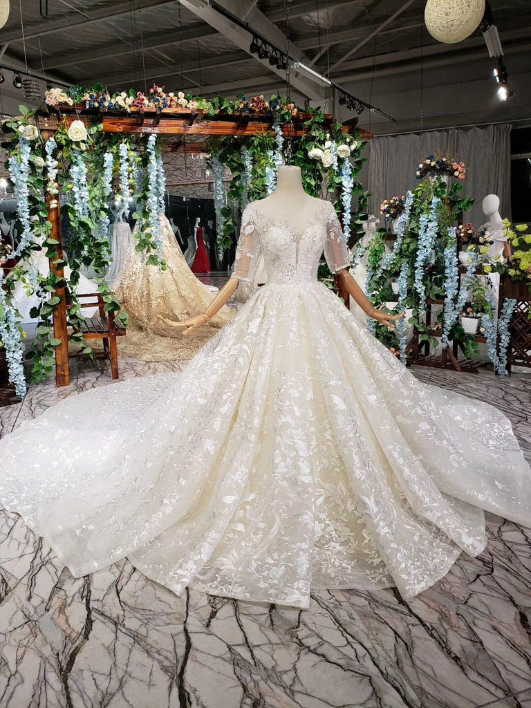 Lace Half Sleeves Ball Gown Wedding Dresses, Fashion Beading Big Wedding Gown DMK3