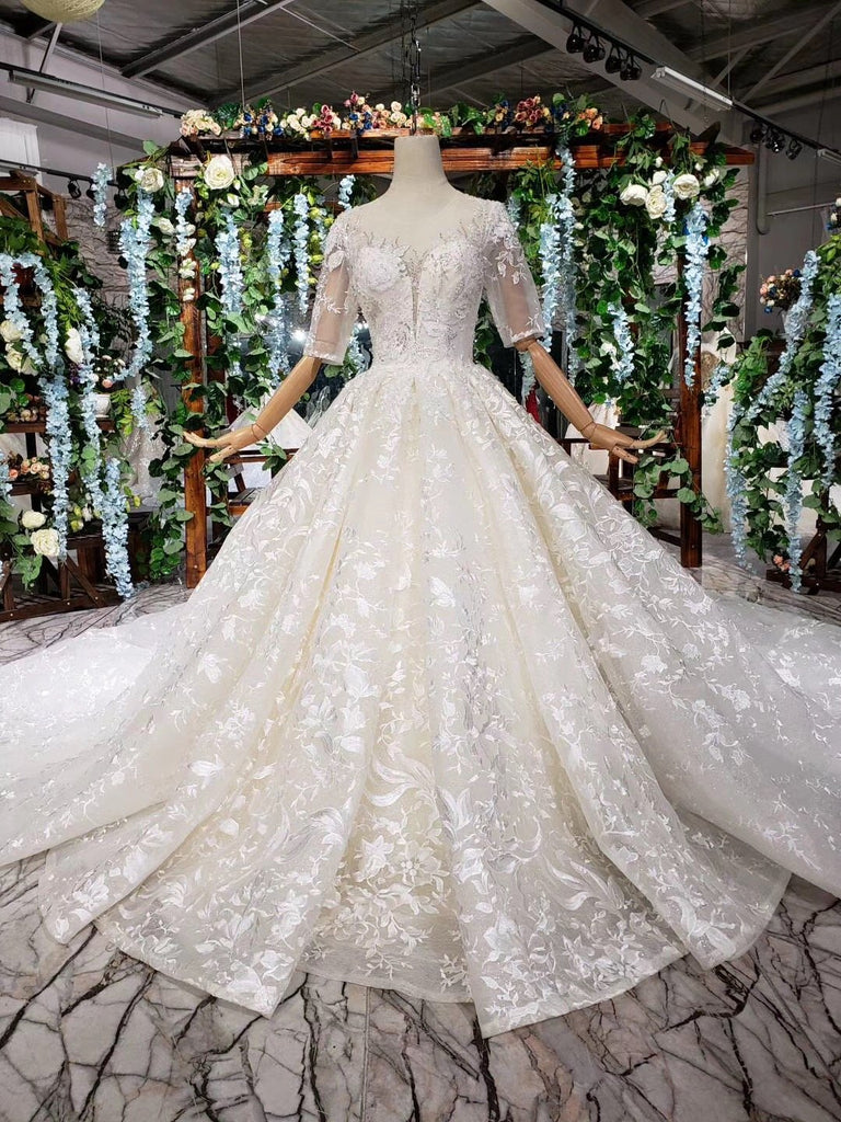 Lace Half Sleeves Ball Gown Wedding Dresses, Fashion Beading Big Wedding Gown DMK3