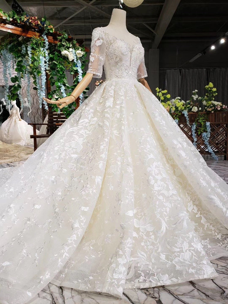Lace Half Sleeves Ball Gown Wedding Dresses, Fashion Beading Big Wedding Gown DMK3