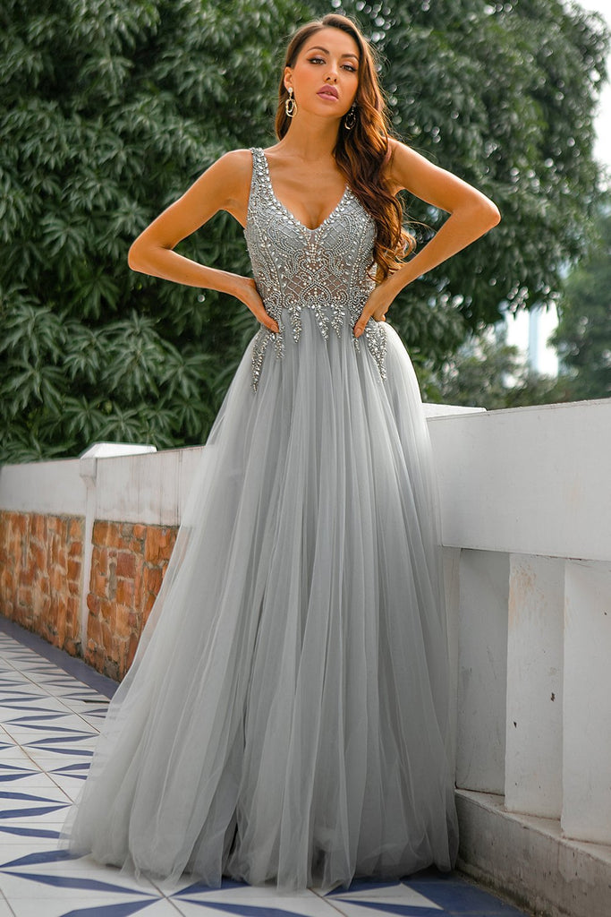 Grey V Neck A Line Tulle Beaded Long Prom Dress With Slit Evening Dresses DM1002