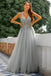 Grey V Neck A Line Tulle Beaded Long Prom Dress With Slit Evening Dresses DM1002