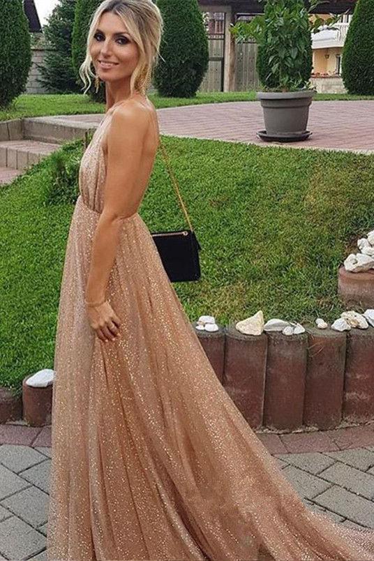 A-line Spaghetti Straps V-neck Sexy Backless Sequins Prom Party Dresses DMF32