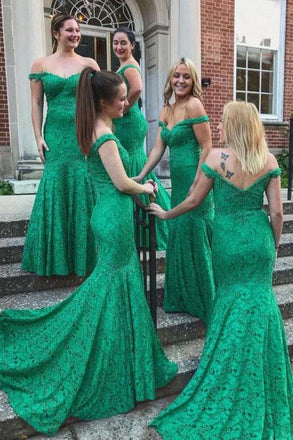Mermaid Off-the-Shoulder Sweep Train Green Lace Bridesmaid Dress DMR24