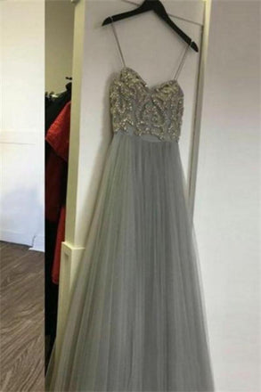 Elegant Long Spaghetti Straps Beading Tulle Gray Prom Dresses Evening Dresses DMF3