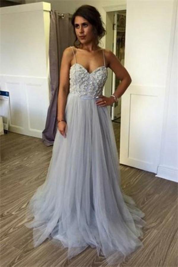 Elegant Long Spaghetti Straps Beading Tulle Gray Prom Dresses Evening Dresses DMF3