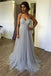 Elegant Long Spaghetti Straps Beading Tulle Gray Prom Dresses Evening Dresses DMF3